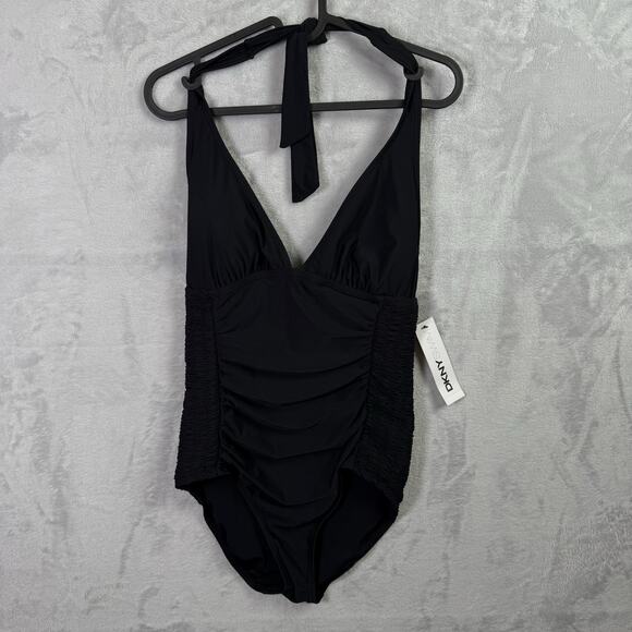 DKNY One Piece Swimsuit Women's 10 Black Scrunch Slim Sides V Neck Tie Halter - Picture 1 of 11